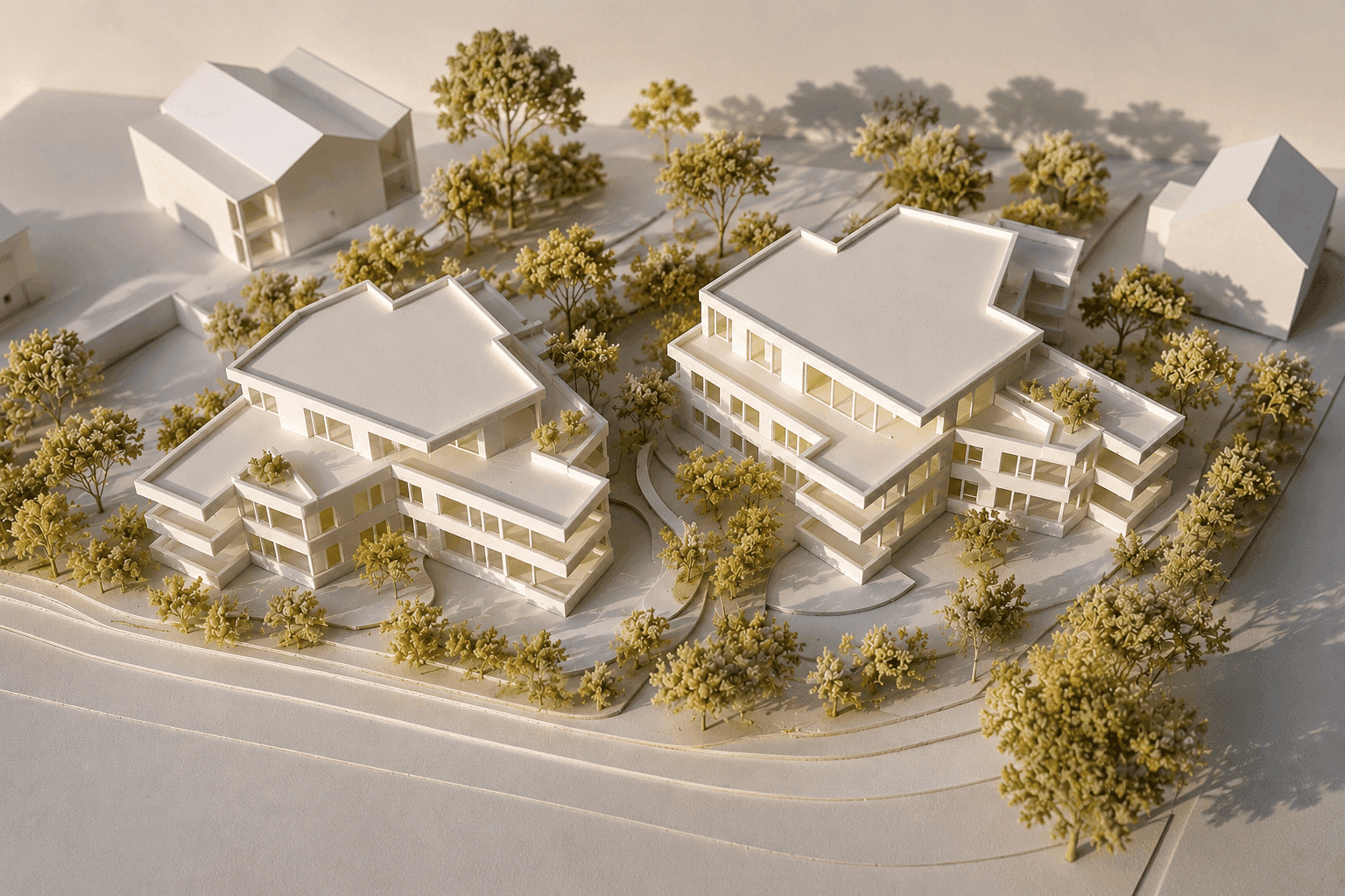 Architekturmodell der Wohnüberbauung WÜB Kürzihof in Widen mit zwei Mehrfamilienhäusern, Flachdächern und auskragenden Balkonen